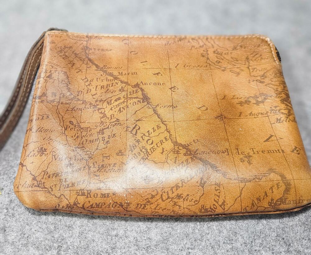 Patricia Nash Riot Rust Vintage Map Leather Wristlet Pouch Flawed
